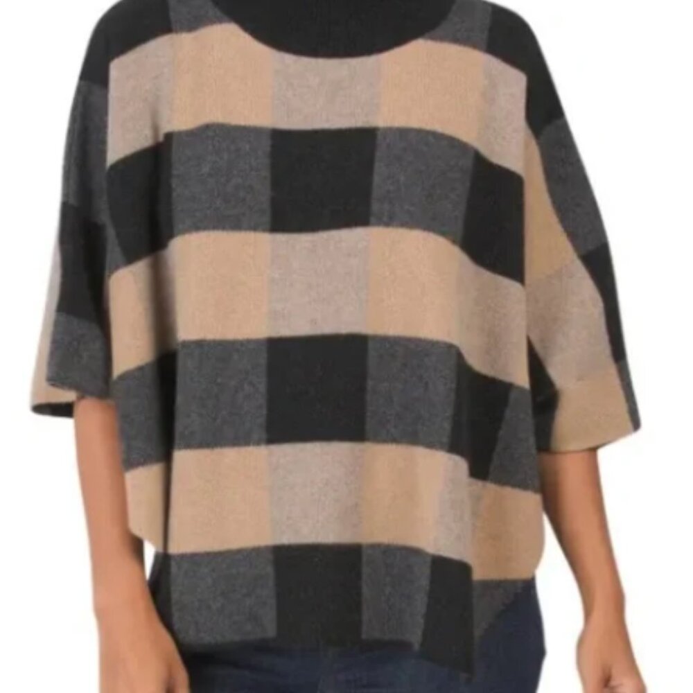 NOTE di ANITA Merino Wool Checkered Dolman Sleeve Mock Neck Poncho Size O/S